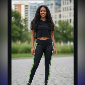 Xotic Mahi Large Women's Black Leggings with Neon Yellow Patter